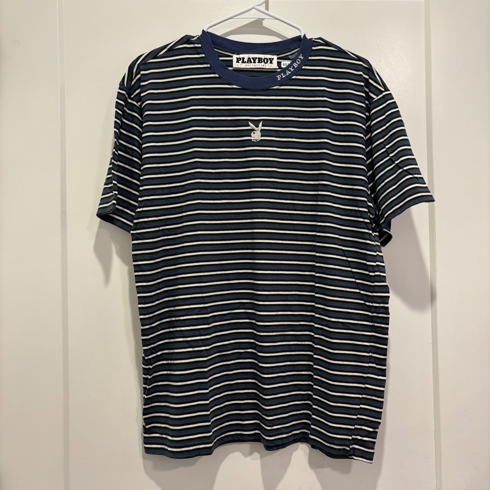 Playboy by PacSun Mens Medium Striped Short Sleeve T-Shirt Navy Green Logo